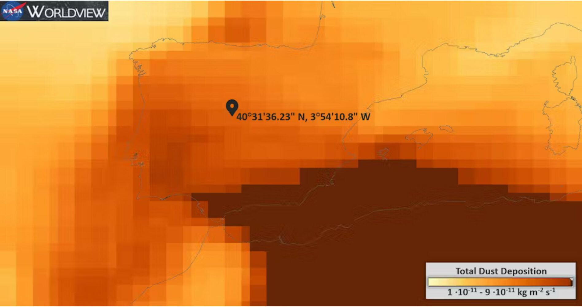 Horizontal (78) Representación de la deposición total de polvo en Las Rozas (Madrid) el 15 de marzo de 2022, durante la tormenta Celia. Datos de la Oficina de Modelización y Asimilación Global de la NASA (GMAO), CC BY-SA
